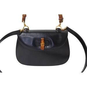 Gucci Black Calfskin Wood Bag Shoulder Bamboo Handbag